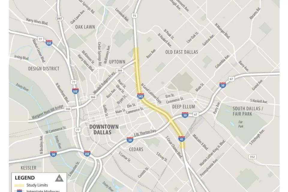 A map of the Keep It Moving Dallas feasibility study area along the I-345 Freeway in Dallas.